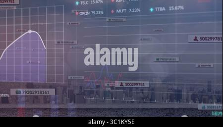 Displaying financial overlay on dusk skyline, with grid trendline, line charts, tickers Stock Photo