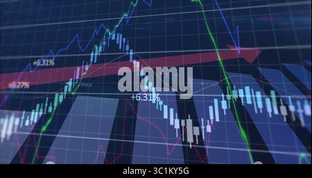 Displaying financial chart on blue grid, with candlestick bars, trend lines and red arrow Stock Photo