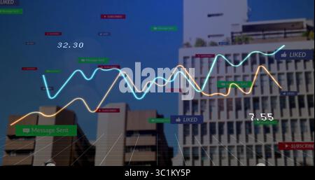Displaying neon line graphs and social media icons over urban office skyline, with grid overlay Stock Photo