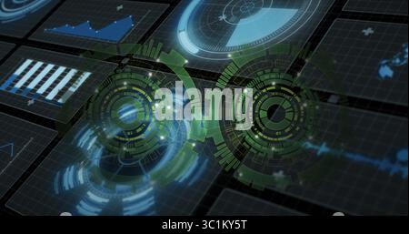 Displaying green HUD elements floating on dark grid, with bar charts, line graphs and radar display Stock Photo