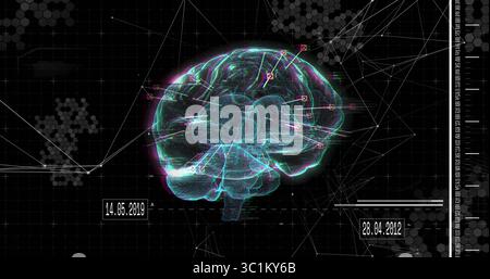 Floating neon wireframe brain hovering on screen with data nodes, question icons and date stamps Stock Photo