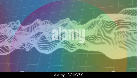 Displaying abstract dotted waveform undulating across data visualization, with colored circles Stock Photo