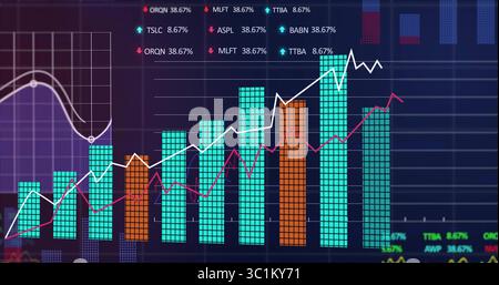 Displaying data chart tracing market trends on trading screen, with segmented bars and line graphs Stock Photo