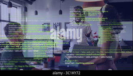 Discussing code, professionals in shirts gesturing in meeting room, with laptop and mug Stock Photo