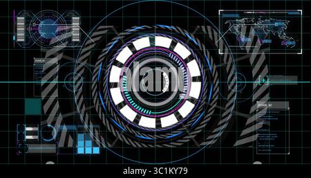 Displaying central circular reticle scanning HUD environment with grid, world map and data overlays Stock Photo