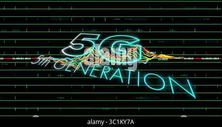 Displaying glowing neon 5G GENERATION text in digital space, with green grid lines and waveform Stock Photo