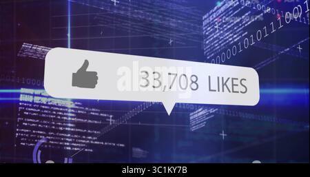 Floating speech bubble UI showing thumbs-up icon and 33,708 LIKES over dark digital code grid Stock Photo