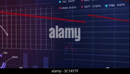 Displaying downward trending red line graph over white grid in trading dashboard, with legend codes Stock Photo