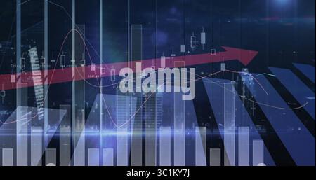 Displaying financial chart with 3D bars, candlesticks, line graphs and red arrow over lit skyline Stock Photo