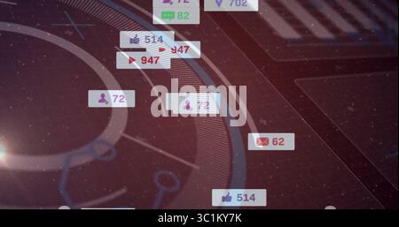 Displaying badges floating above tech dashboard with like, message, follower, comment  and  play ico Stock Photo
