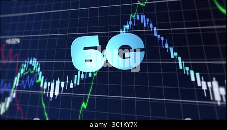 Displaying centered pale blue 6G label over chart interface, with candlestick bars and line graphs Stock Photo