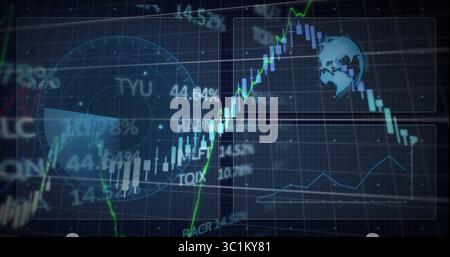 Displaying finance data on trading terminal candlestick bars, trend line, radar HUD, globe overlay Stock Photo