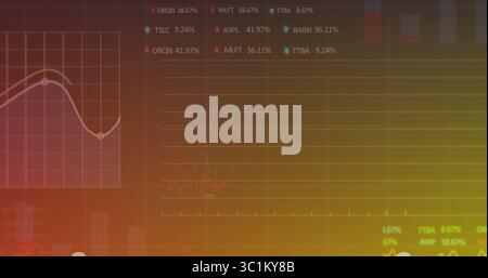 Displaying colorful dashboard showing line graphs, ticker symbols, percentages on screen Stock Photo