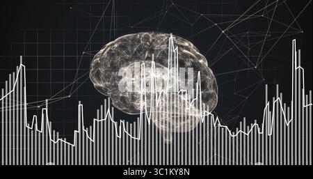 Displaying 3D brain revealing neural pathways in dark grid interface, with bar chart and line graph Stock Photo