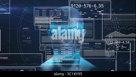 Displaying blue wireframe head scanning digital interface, with floating UI panels and charts Stock Photo