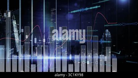 Displaying digital dashboard showing night skyline with bars, candlesticks, line graphs and labels Stock Photo