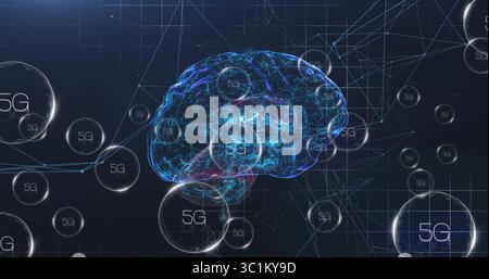 Glowing digital brain pulsing with neon network lines in high-tech data grid, with 5G spheres Stock Photo