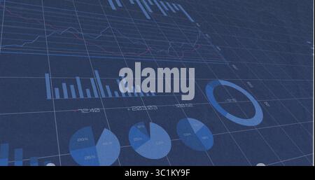 Displaying dashboard on monitor, with bar and line charts, pie charts, ring chart, numeric labels Stock Photo