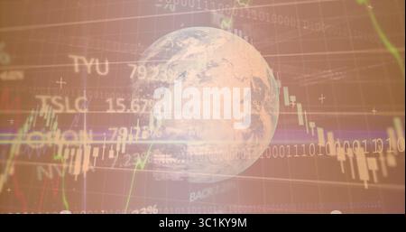 Displaying translucent Earth globe hovering over financial data screen, with candlestick charts Stock Photo