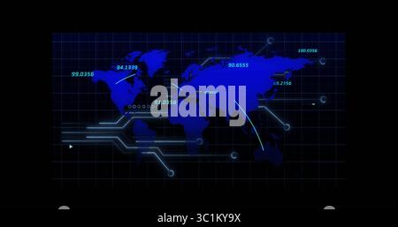 Displaying world map infographic on navy grid with curved lines, data nodes, numerical labels Stock Photo