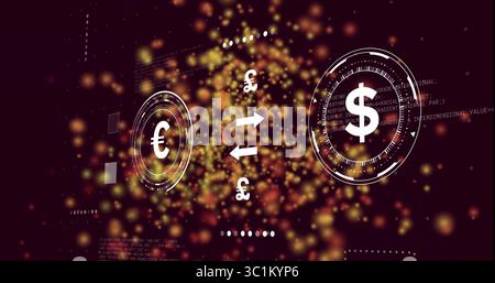 Featuring currency exchange floating in digital interface, with Euro, Dollar, Pound icons Stock Photo