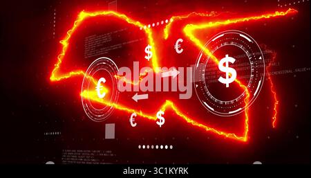 Red graphic displaying glowing map outlines and HUD in digital interface, with dollar euro symbols Stock Photo