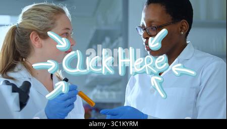 Two scientists wearing lab coats and gloves pipetting orange liquid on lab bench, with microscope Stock Photo