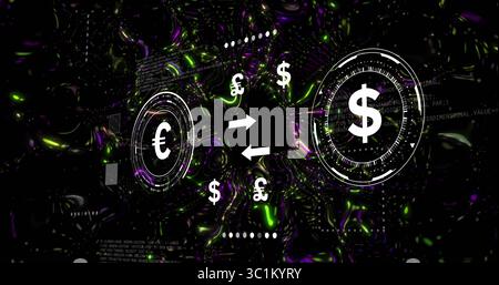 Currency conversion graphic moving in digital interface, showing arrows and euro and dollar icons Stock Photo