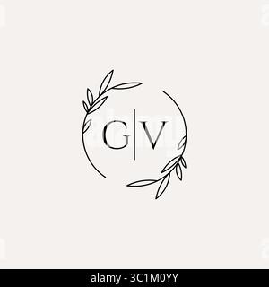 Letter GV wedding monogram logo design with simple natural circle leaf frame vector graphic Stock Vector