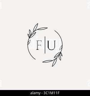 Letter FU wedding monogram logo design with simple natural circle leaf frame vector graphic Stock Vector