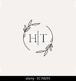 Letter HT wedding monogram logo design with simple natural circle leaf frame vector graphic Stock Vector