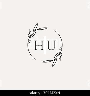 Letter HU wedding monogram logo design with simple natural circle leaf frame vector graphic Stock Vector