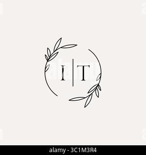 Letter IT wedding monogram logo design with simple natural circle leaf frame vector graphic Stock Vector