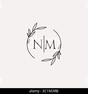 Letter NM wedding monogram logo design with simple natural circle leaf frame vector graphic Stock Vector