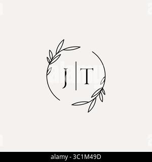 Letter JT wedding monogram logo design with simple natural circle leaf frame vector graphic Stock Vector