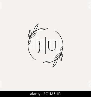 Letter JU wedding monogram logo design with simple natural circle leaf frame vector graphic Stock Vector