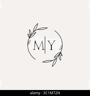Letter MY wedding monogram logo design with simple natural circle leaf frame vector graphic Stock Vector
