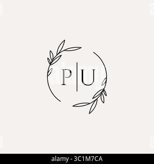 Letter PU wedding monogram logo design with simple natural circle leaf frame vector graphic Stock Vector