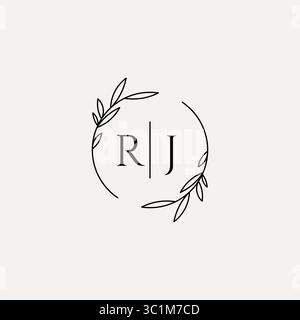 Letter RJ wedding monogram logo design with simple natural circle leaf frame vector graphic Stock Vector