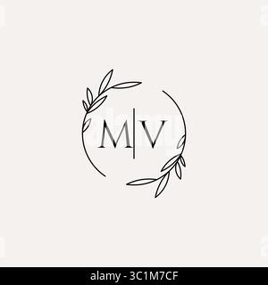 Letter MV wedding monogram logo design with simple natural circle leaf frame vector graphic Stock Vector