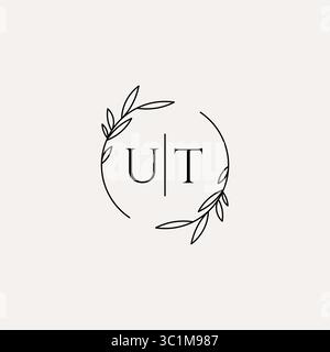 Letter UT wedding monogram logo design with simple natural circle leaf frame vector graphic Stock Vector