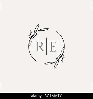 Letter RE wedding monogram logo design with simple natural circle leaf frame vector graphic Stock Vector