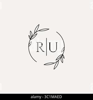Letter RU wedding monogram logo design with simple natural circle leaf frame vector graphic Stock Vector