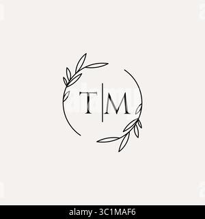 Letter TM wedding monogram logo design with simple natural circle leaf frame vector graphic Stock Vector