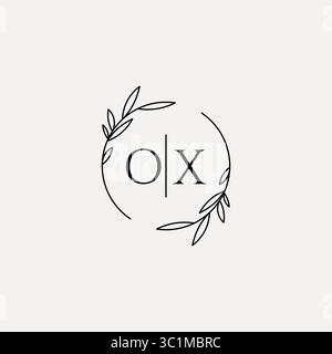 Letter OX wedding monogram logo design with simple natural circle leaf frame vector graphic Stock Vector