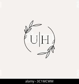 Letter UH wedding monogram logo design with simple natural circle leaf frame vector graphic Stock Vector