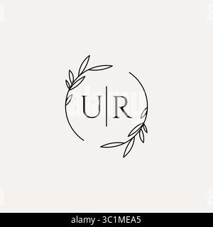 Letter UR wedding monogram logo design with simple natural circle leaf frame vector graphic Stock Vector