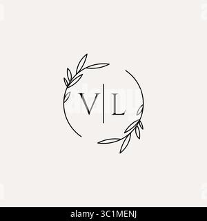 Letter VL wedding monogram logo design with simple natural circle leaf frame vector graphic Stock Vector