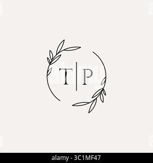 Letter TP wedding monogram logo design with simple natural circle leaf frame vector graphic Stock Vector