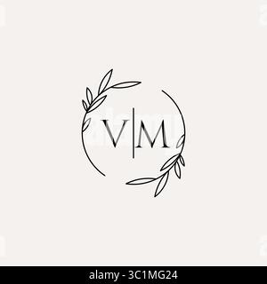 Letter VM wedding monogram logo design with simple natural circle leaf frame vector graphic Stock Vector